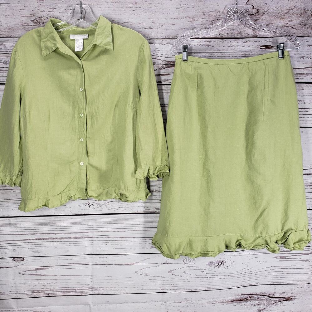 LA BOUTIQUE  Wmen's Linen Blend Tea Green 2 Piece Set Top & Skirt Size10
